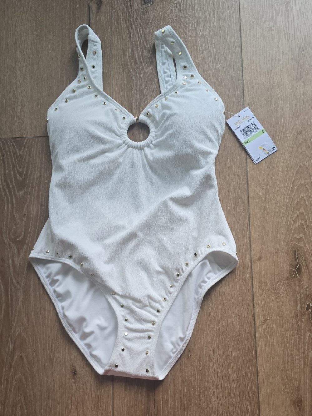 MICHAEL Michael Kors Crepe Ring Front Scoop Neck One Piece Swimsuit Gold Studded